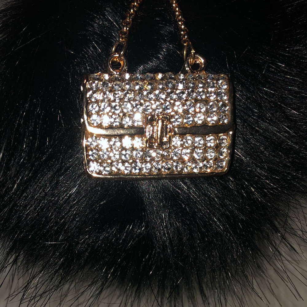 Handbag Charm, fur pom pom, Bling Keychain